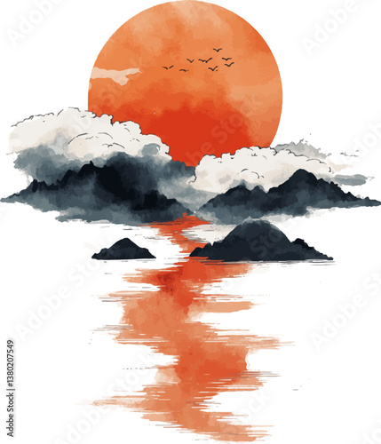 Vector watercolor illustration of clouds and river with orange sun in the sky on white background