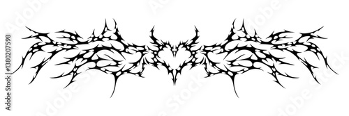 Y2k gothic graphic hand drawn heart with wings. Neo tribal tattoo element. Aesthetic of 90s, 2000s. Vector illustration for sticker, poster, collage, design template.