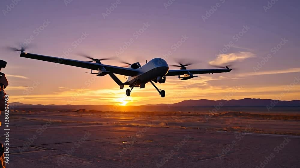 Soldier Operating Drone Taking Off at Sunset in a Desert Landscape Soldier Operating Drone Taking Off at Sunset in a Desert Landscape