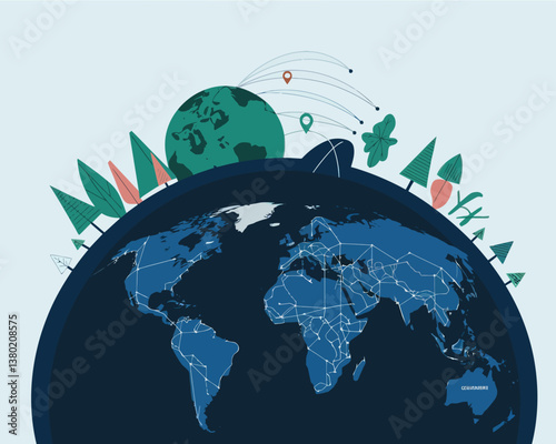 vector illustrative poster that celebrates global communication technology . Showcase a world travel by advanced communication systems.