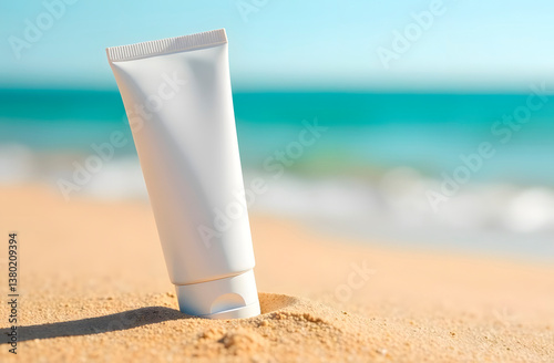 white sunscreen bottle standing on white sand beach with turquoise sea and blue sky in background, promoting sun protection during summer vacation	
