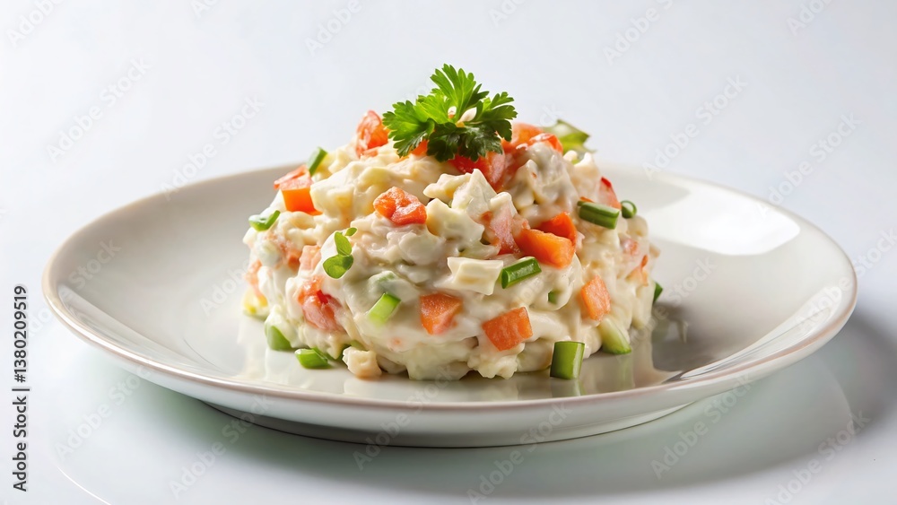 Creamy Russian Crab Stick Salad Close-Up on White Plate - Minimalist Food Photography Creamy Russian Crab Stick Salad Close-Up on White Plate - Minimalist Food Photography