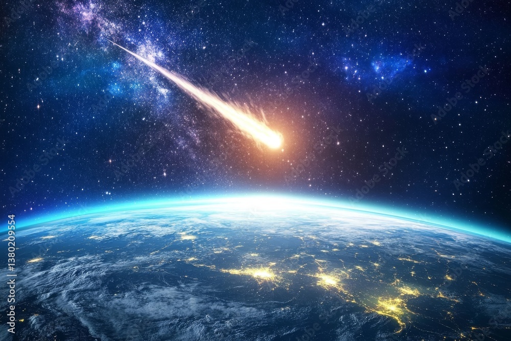 A comet streaks across the sky, trailing light in its wake A comet streaks across the sky, trailing light in its wake