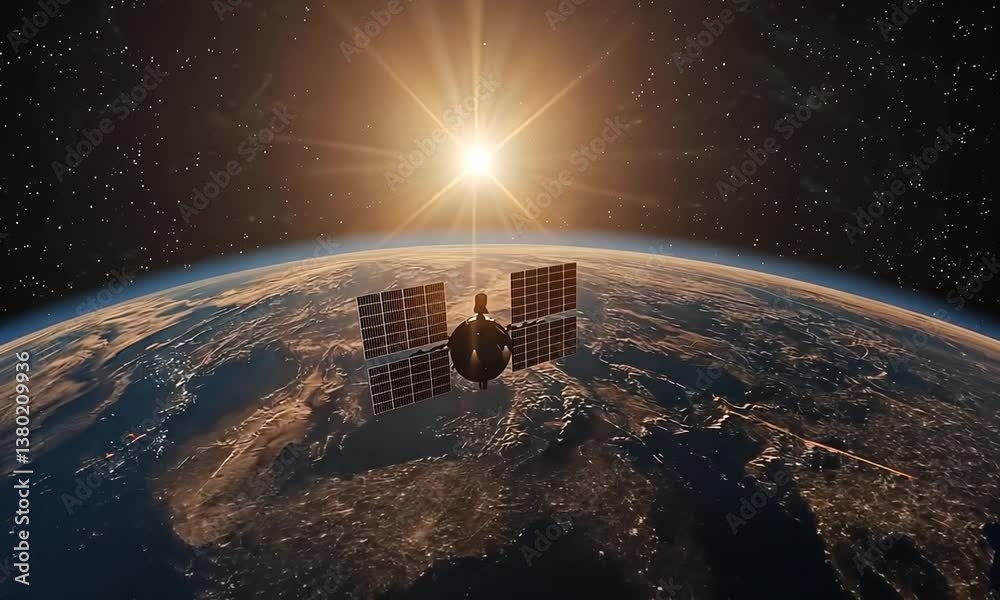 Satellite orbiting Earth at sunrise, showcasing planet's curvature and cosmic backdrop