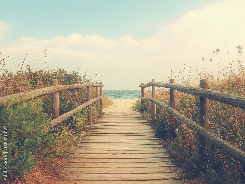 Naklejka premium Romantic summer boardwalk with rustic wooden planks leading to a dreamy coastal view