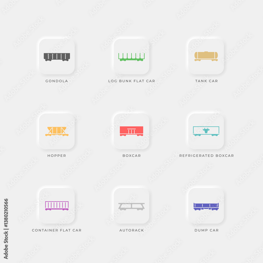Freight railway wagons. A set of monochrome icons in a square field Freight railway wagons. A set of monochrome icons in a square field