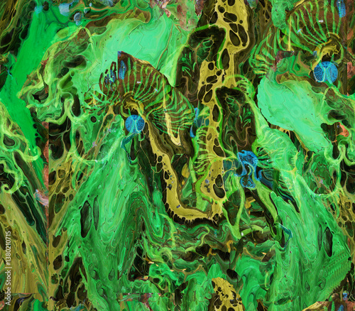 Trendy abstract experimental art seamless pattern neon color liquid pouring with marble effect. Stylish combination of luxury contemporary art fluid acrylic texture.