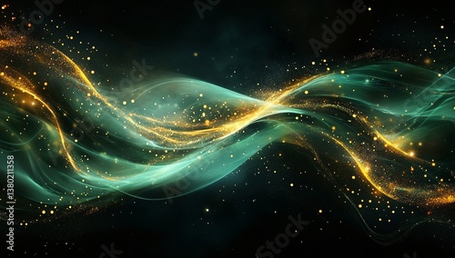 Abstract image of teal and gold waves with sparkling particles.  A mesmerizing blend of colors and light.