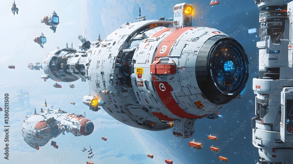 A vast futuristic spaceport teeming with advanced spacecraft robotic cargo ships and AI powered commerce in an interstellar trade hub A vast futuristic spaceport teeming with advanced spacecraft robotic cargo ships and AI powered commerce in an interstellar trade hub