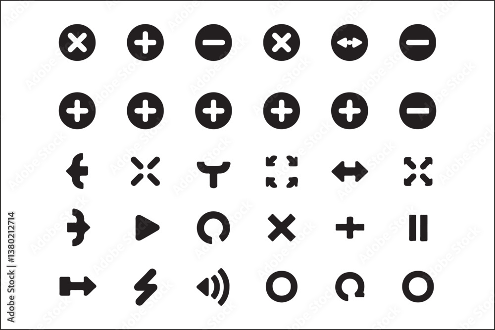 Naklejka premium Flat Interface Icons Pack – Modern UI Vector Silhouette SetMinimalist UI Icons – Essential Flat Vector Icon CollectionWeb & App Interface Icons – Clean Flat Design Vector PackSilhouette UI Icons