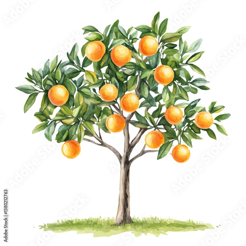 A watercolor vector of an orange tree, isolated on a white background. Orange tree vector

