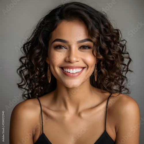 Wallpaper Mural A radiant African American woman with curls showcases gleaming skin and a joyful smile, Brunette smiles, neutral, studio lit bg Torontodigital.ca