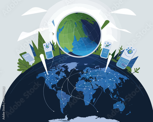 vector illustrative poster that celebrates global communication technology . Showcase a world travel by advanced communication systems.