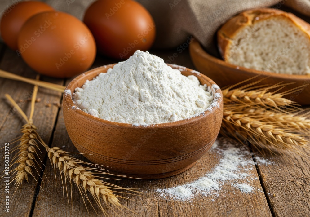 A heap of flour with eggs on a wooden surface