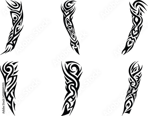 Set of arm sleeve tattoo vector illustration on a white background.