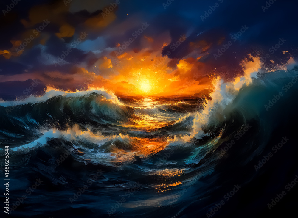 Fototapeta premium Dramatic seascape features a blazing sunset reflecting on towering waves. Hints of vibrant colors paint the sky. The energy of the ocean is palpable. The sun dramatically sets over the water.