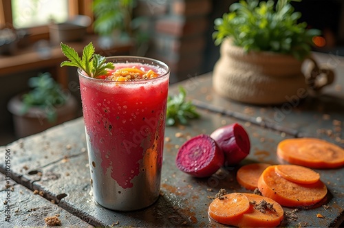 Fresh beet and carrot juice in a rustic kitchen setting photo
