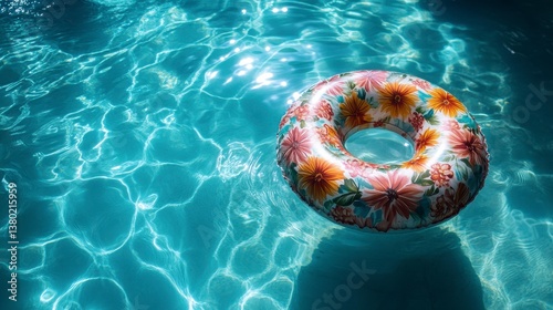Floral swim ring floats in sunlit blue pool, creating shimmering reflections photo