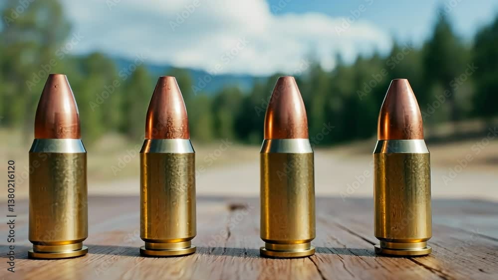 Four bullets are lined up on a wooden table. The bullets are all the same size and color, and they are all pointing in the same direction. The scene is calm and peaceful