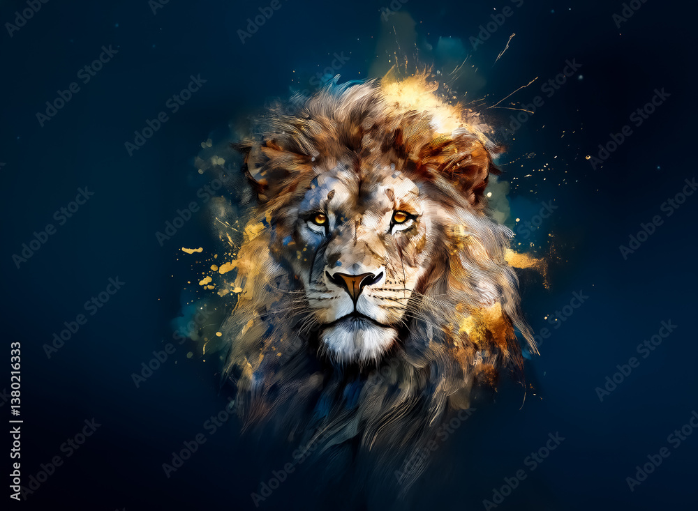 Fototapeta premium A striking portrait of a lion with a majestic mane, set against a dark blue backdrop. Artistic splashes of orange and gold enhance the powerful and intense gaze of the feline.