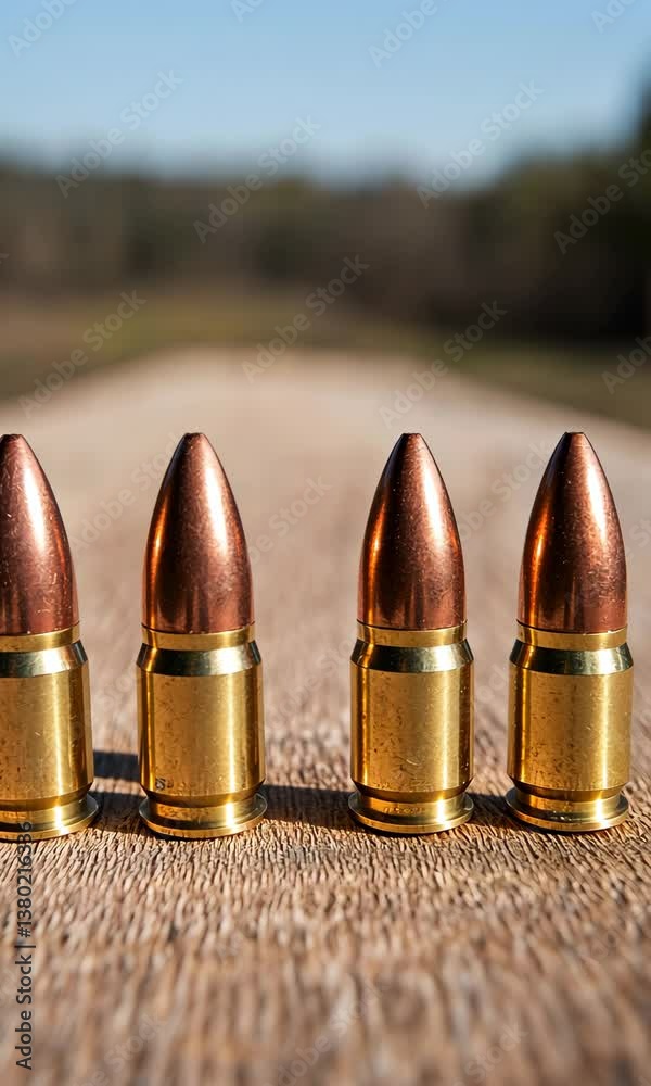 Four bullets are lined up on a wooden surface. The bullets are all the same size and color, and they are all pointed. Concept of precision and order, as the bullets are arranged neatly in a row