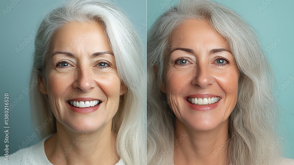 Before and after dental transformation of a senior woman, left half of the image showing tooth loss and low confidence, right half showing implant-restored smile and bright expression, Before and after dental transformation of a senior woman, left half of the image showing tooth loss and low confidence, right half showing implant-restored smile and bright expression,