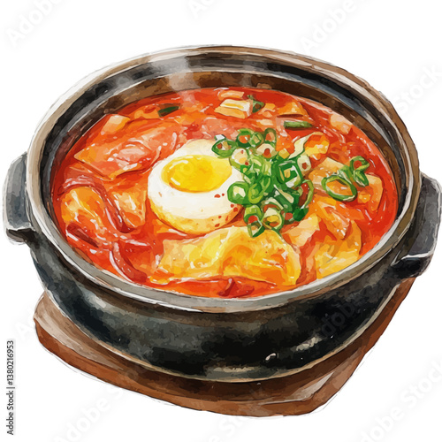 A watercolor vector of Kimchi Jjigae, isolated on a white background. Kimchi Jjigae vector

