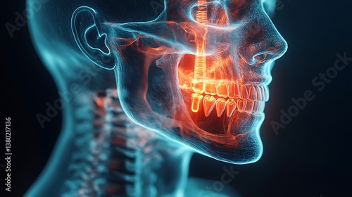 Cross-sectional 3D x-ray view of a human head with dental implant glowing in the jaw, soft transparency on skull, highlighted nerves and bone textures, digital HUD overlay elements. --ar 16:9