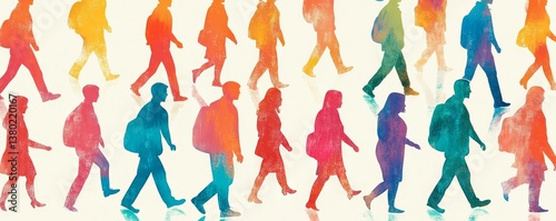 Diverse colorful people group walking together seamless pattern illustration. Rainbow color character crowd background for friendship or team work concept. Different ethnic culture wallpaper,