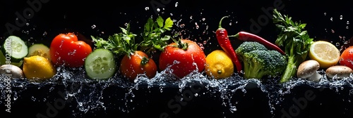 Fresh vegetables and fruits arranged with water droplets against a dark background.