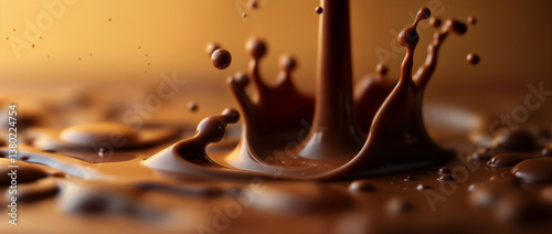 Splash di cioccolato fuso con gocce in primo piano su sfondo caldo sfocato