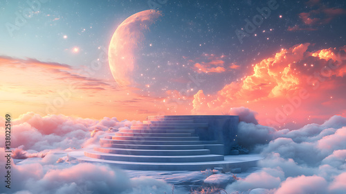 Wallpaper Mural Stairway to Celestial Dreams: A mesmerizing view of a stairway floating amidst the clouds, bathed in the ethereal glow of a surreal sunset, the vast expanse of a crescent moon. Torontodigital.ca
