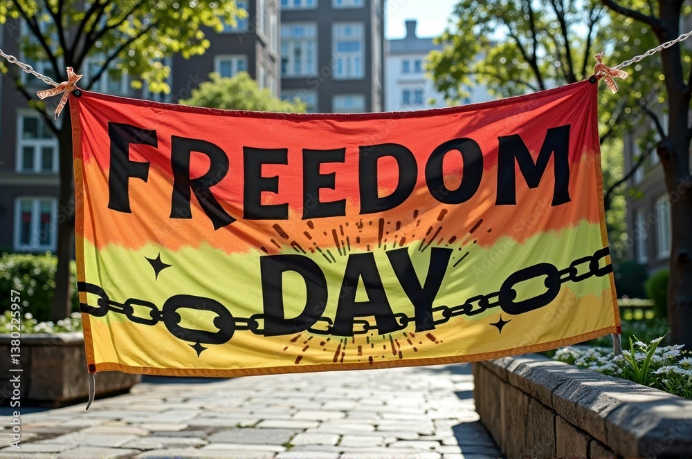 Naklejka premium Outdoor freedom day banner with chains in urban setting