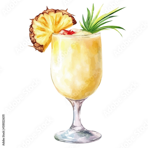 A watercolor vector of a frozen piña colada, isolated on a white background. Frozen piña colada vector

