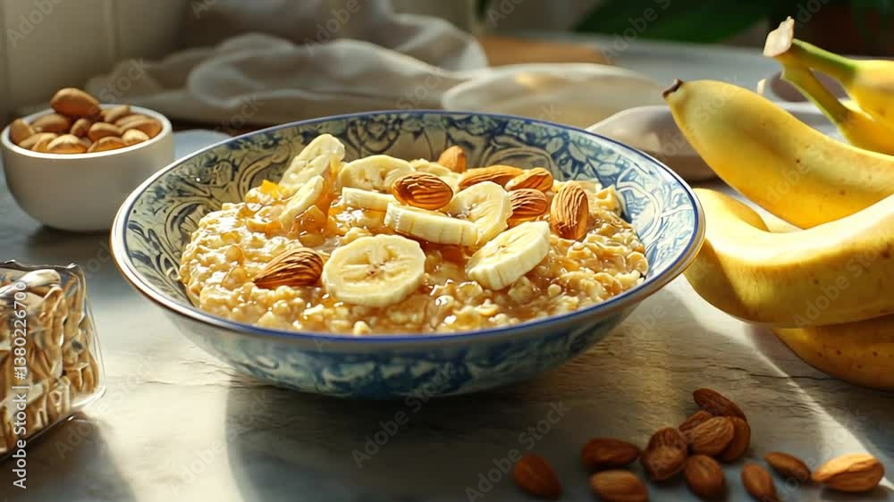 A healthy breakfast scene featuring oatmeal with bananas, almonds, and other nourishing components. A healthy breakfast scene featuring oatmeal with bananas, almonds, and other nourishing components.