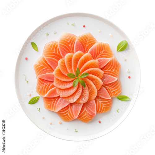 Fresh salmon sashimi arranged beautifully on white plate, garnished with herbs and spices