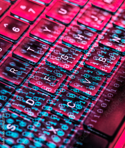 Close-up of a laptop keyboard with digital code overlay representing cybersecurity and cyber crime concepts