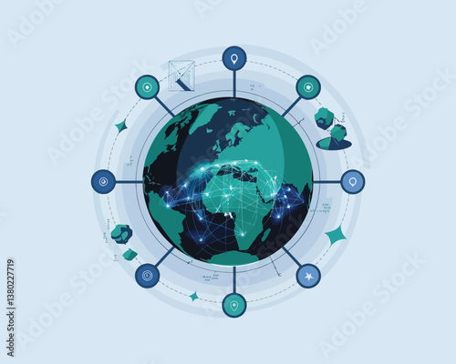vector illustrative poster that celebrates global communication technology . Showcase a world travel by advanced communication systems.
