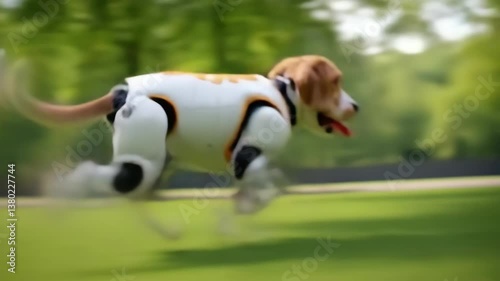 Robotic dog explores the park showcasing its advanced features and playful nature in a lively outdoor setting