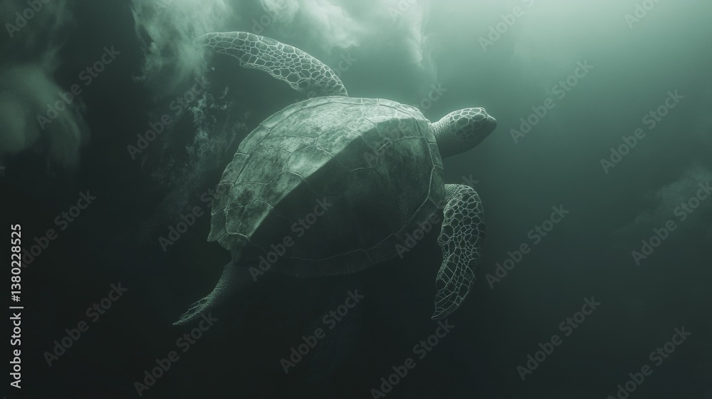 Obraz premium Graceful turtle swimming freely in the deep blue ocean surrounded by vibrant coral reefs and sunlight reflection