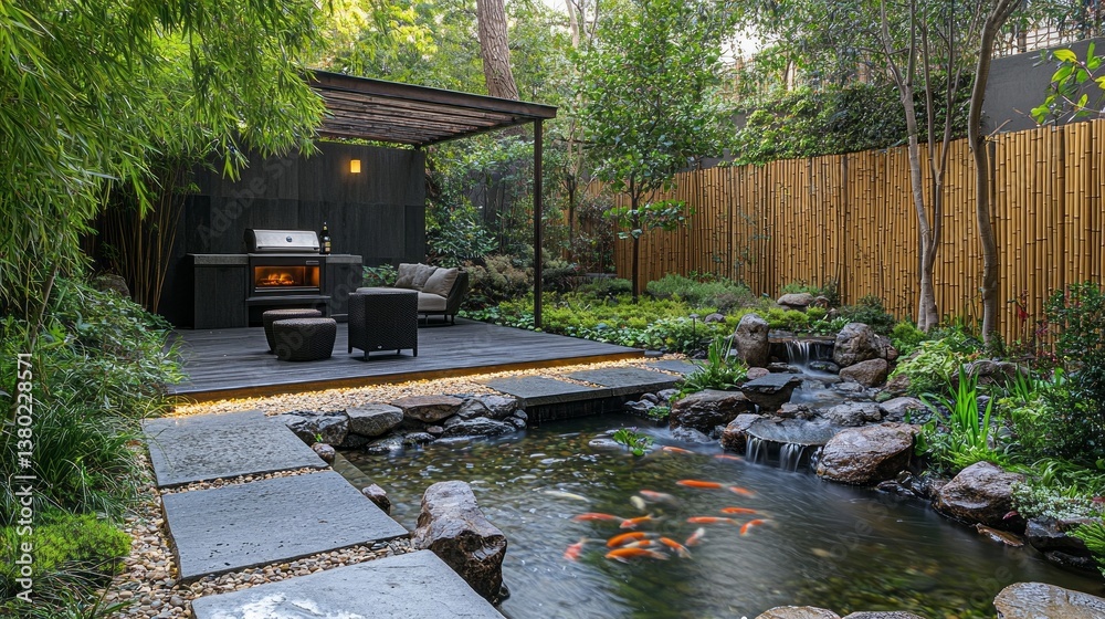 A small pond with a waterfall and a grill in the background A small pond with a waterfall and a grill in the background