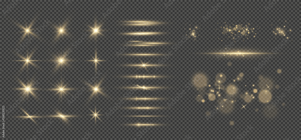 golden christmas lights.Light effects.Wind glare, explosions, shine, dust, lines, solar flares, sparks, sequins, stars, curved curls. Glow special effect of light