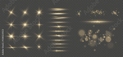 golden christmas lights.Light effects.Wind glare, explosions, shine, dust, lines, solar flares, sparks, sequins, stars, curved curls. Glow special effect of light