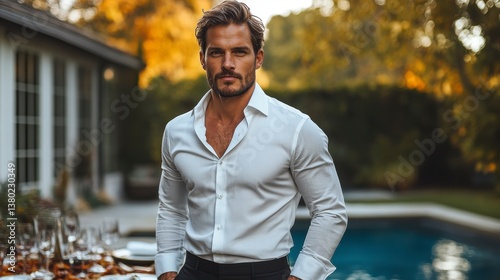 Attractive man in a white shirt poses confidently outdoors, golden hour lighting