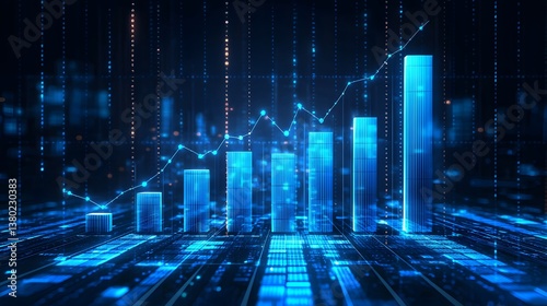 Glowing Blue Bar Graph Rising on Dark Digital Background