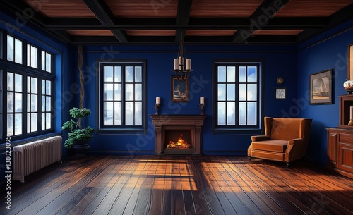 A living room with a couch, chairs, coffee table, and fireplace