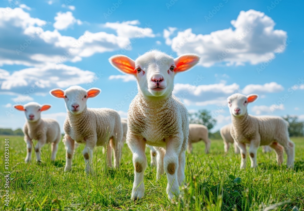 Obraz premium A herd of sheep in a grassy field looking at the camera
