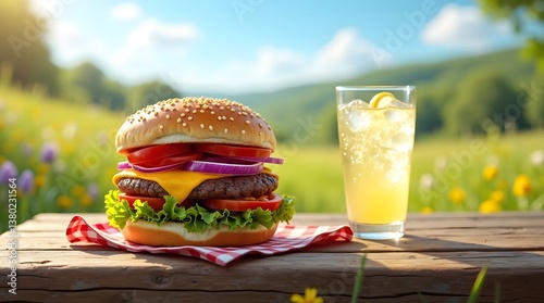 Obraz na płótnie Juicy Cheeseburger Picnic Outdoors Sunny Day w salonie