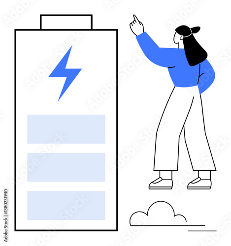Woman gestures at an energy-efficient battery, highlighting renewable energy, sustainability, eco-consciousness, innovation, technology, energy storage, growth. Flat simple metaphor