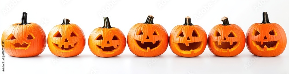 A row of intricately carved pumpkins displayed on a white background A row of intricately carved pumpkins displayed on a white background